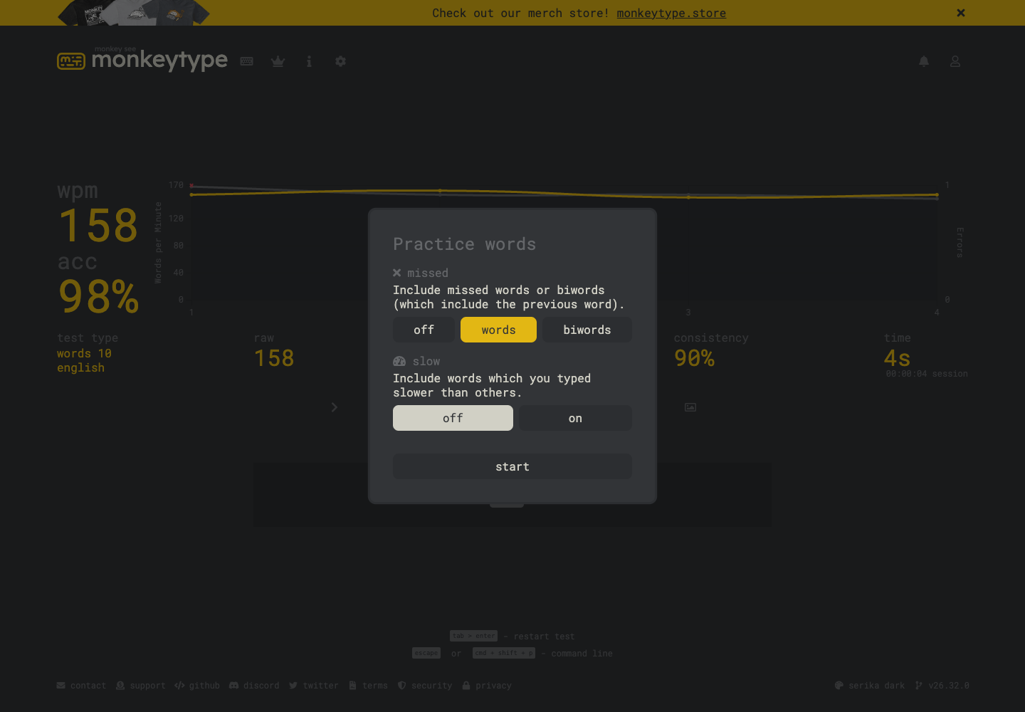 Monkeytype Practice words dialog showing missed words, biwords, and slow-word controls