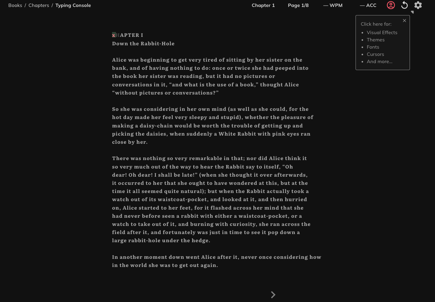 Typelit public book page displaying a mistyped state after the deliberate wrong-character probe