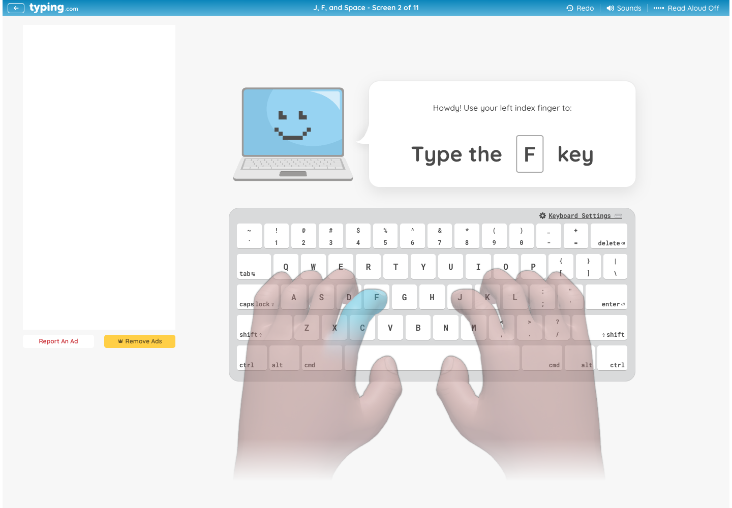 Typing.com F-key instruction reached after Continue from the completed first J screen